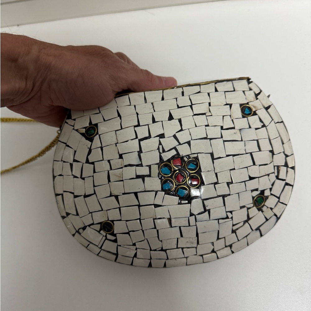 Handmade Mosaic Stone, Brass & Metal Clutch Purse - Picture 3 of 4